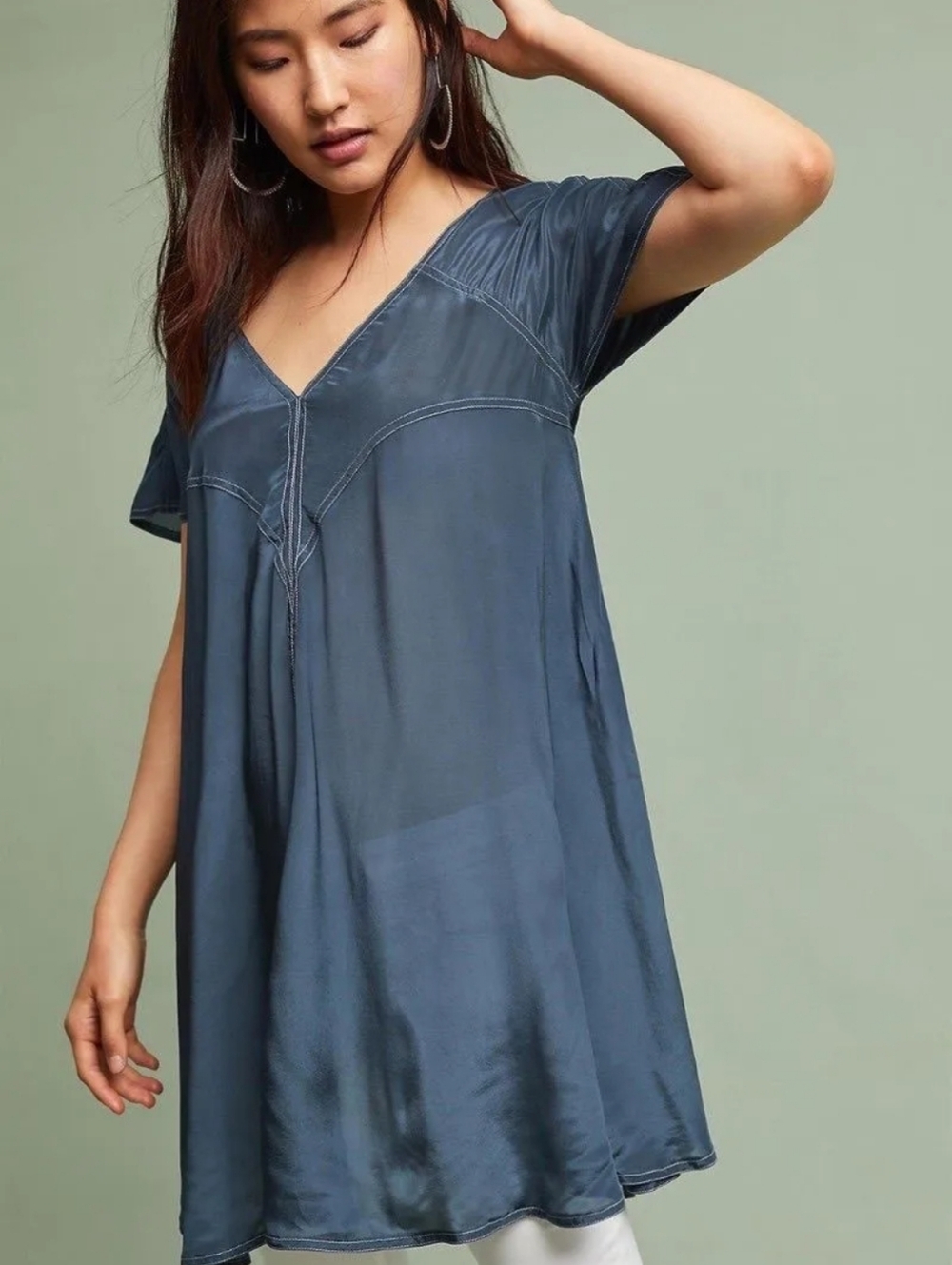 399-Akemi+Kim Anthropologie Slate Blueish Midi Swing Dress‎